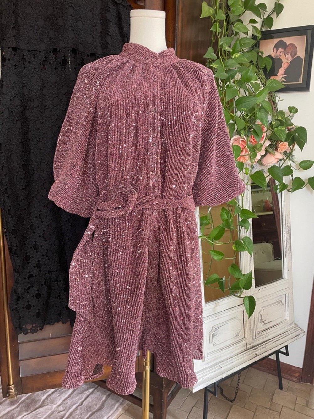 CIEBON Metallic Knit Nordstrom Sparkling Rose Pink Sequin Dress Medium Current - Picture 5 of 13